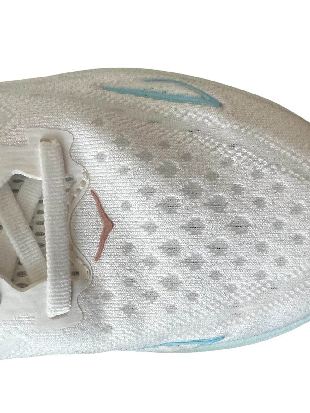 HOKA Women's Clifton 9 in the Frost / Rose Gold colorway, white mesh, sky blue. - Picture 5 of 8
